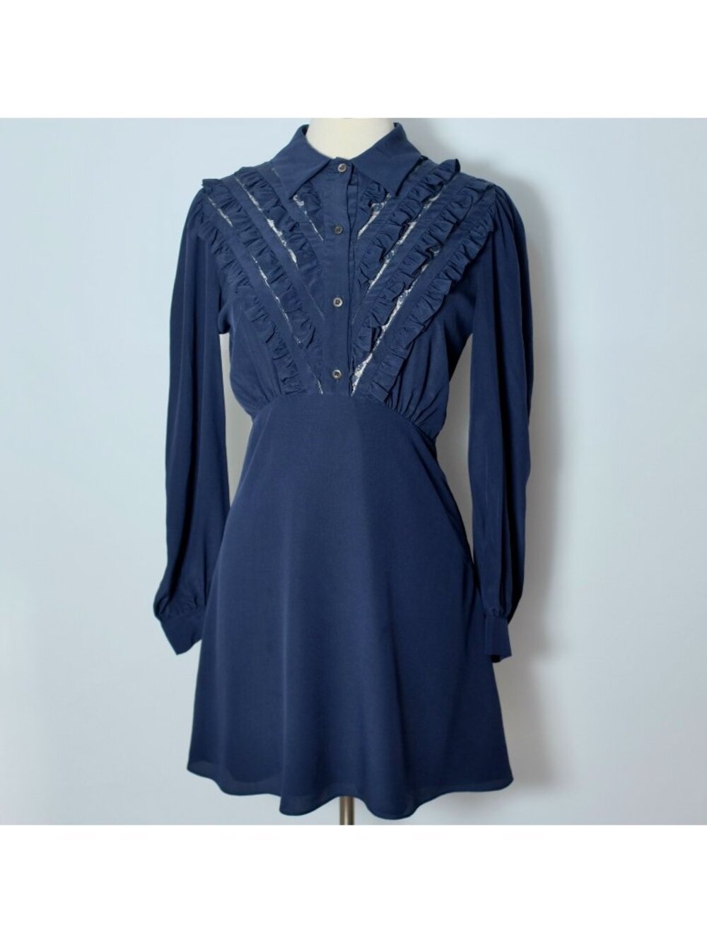MIU MIU 2022 dress 40 US 8 navy long sleeves ruffles 100% silk